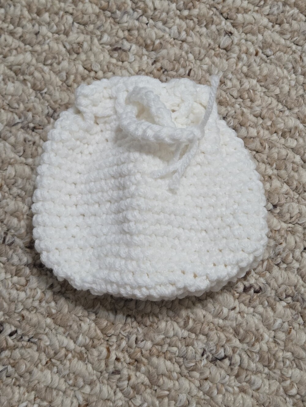 Hand Crafted White Crochet Drawstring Pouch - Women Travel Bag
